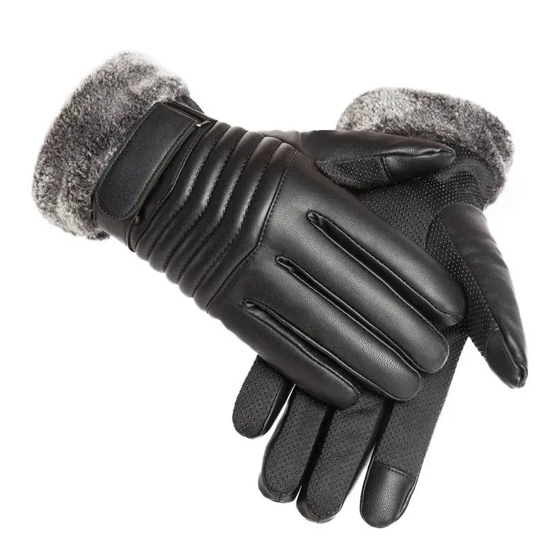 Men's Winter Gloves Fur Mouth Plush Insulation Outdoor Cycling Motorcycle PU Touch Screen Cotton Gloves