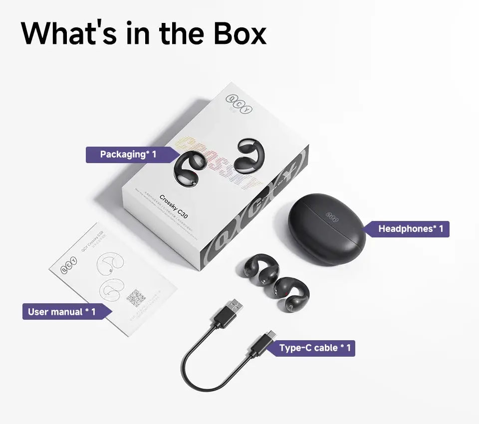 QCY Crossky C30 open-ear wireless earbuds in black with charging case, USB-C cable and manual