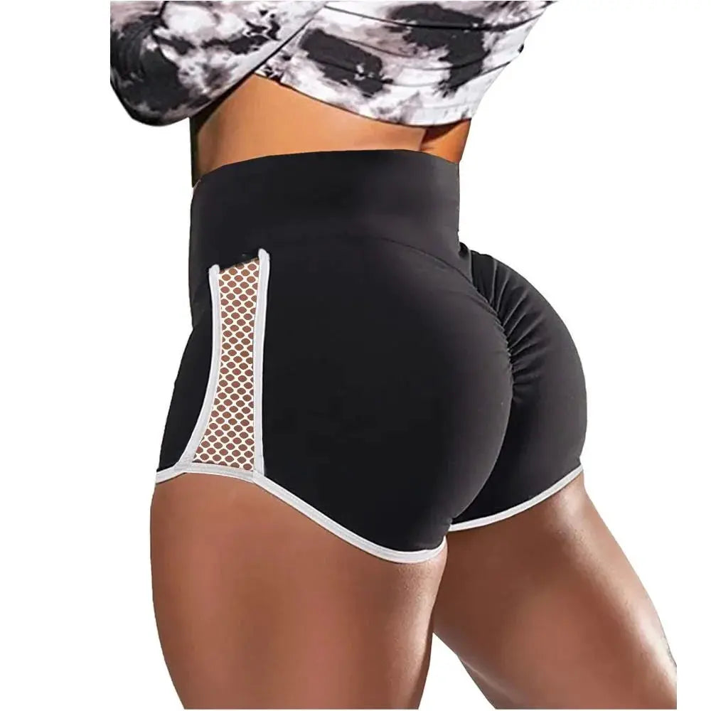 High waist sport shorts in black with white mesh side panels, quick-drying for running and yoga