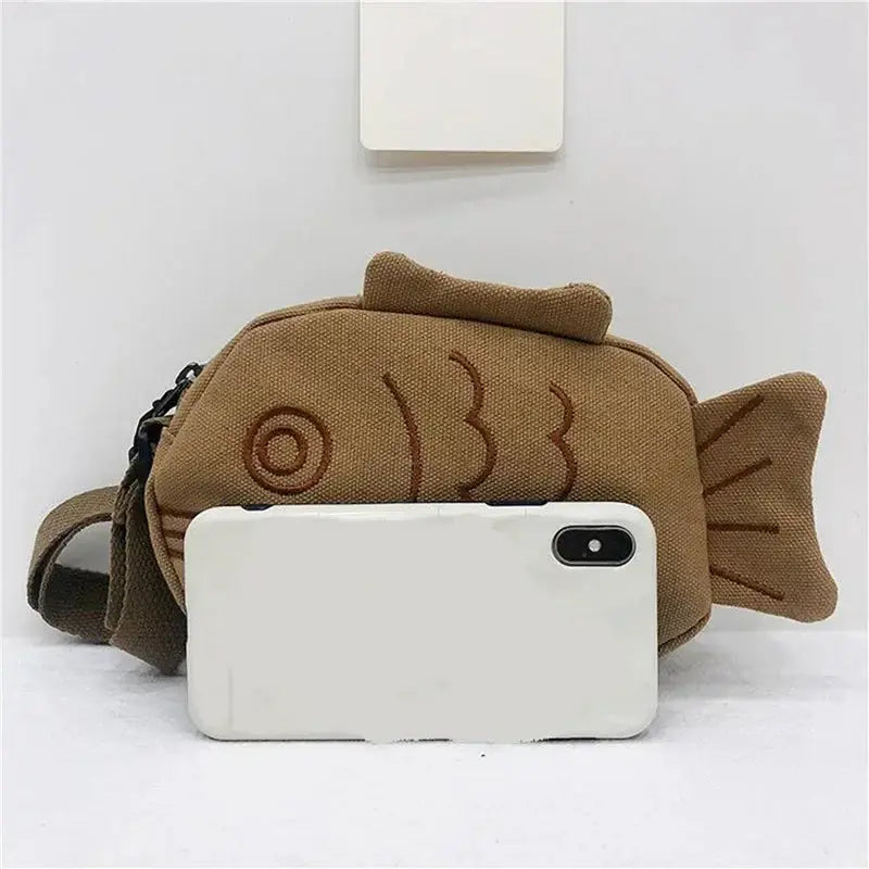 Fish-shaped canvas messenger bag with embroidery, brown, zippered crossbody purse