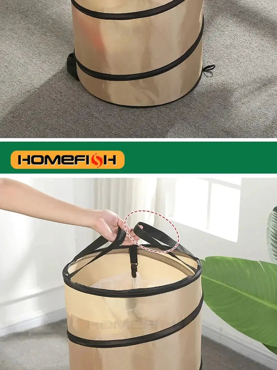 Pop-up trash can, tan fabric with black bands; 1pc collapsible camping bin featuring Homefish logo