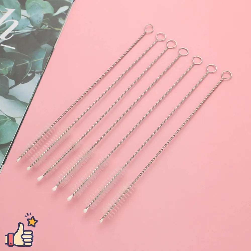 Stainless steel cleaning brushes set for straws and pipes; twisted-wire brushes with ring tops.