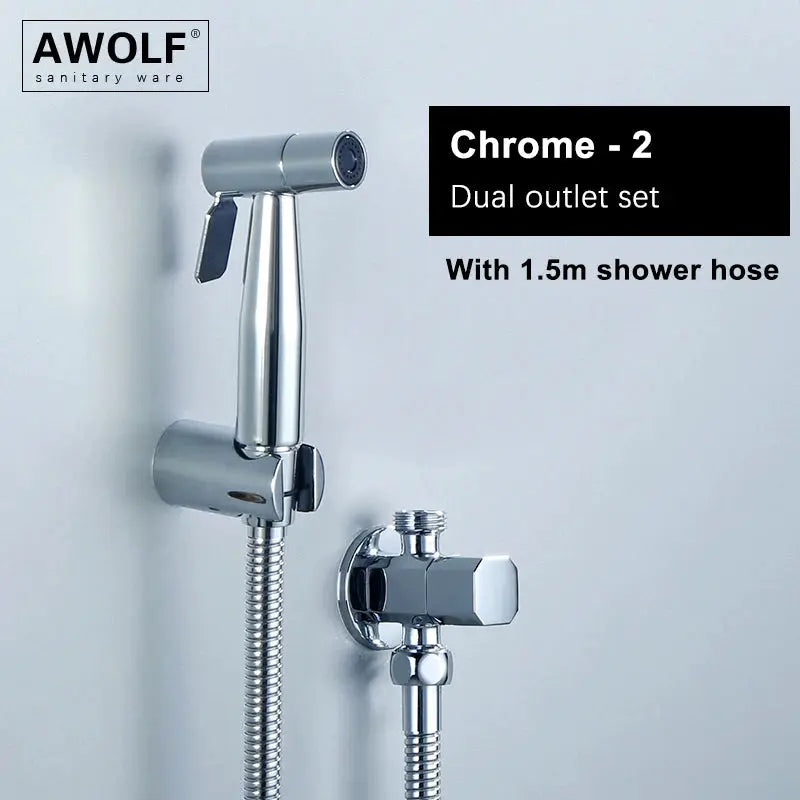 AWOLF chrome handheld bidet sprayer with dual outlet and 1.5m shower hose