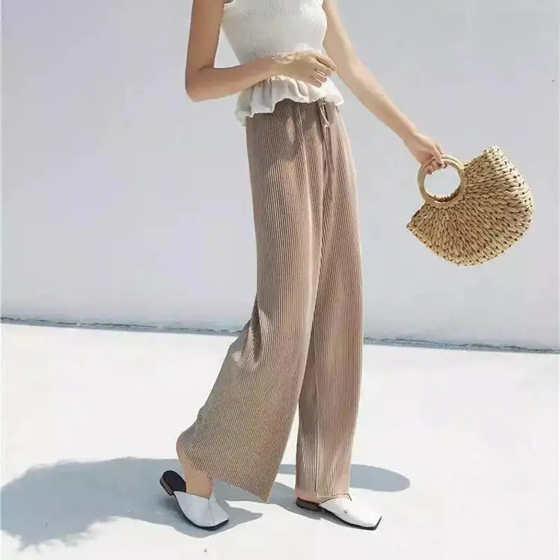NovaModa Ice Silk Pleated Wide Leg Pants For Women Breathable Summer Comfort Elastic Waist
