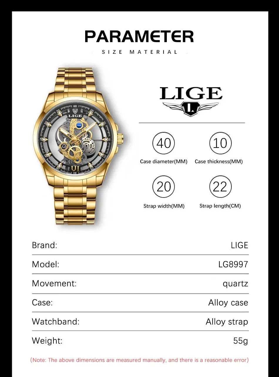 LIGE men's gold stainless steel hollow skeleton quartz wristwatch with visible gears.