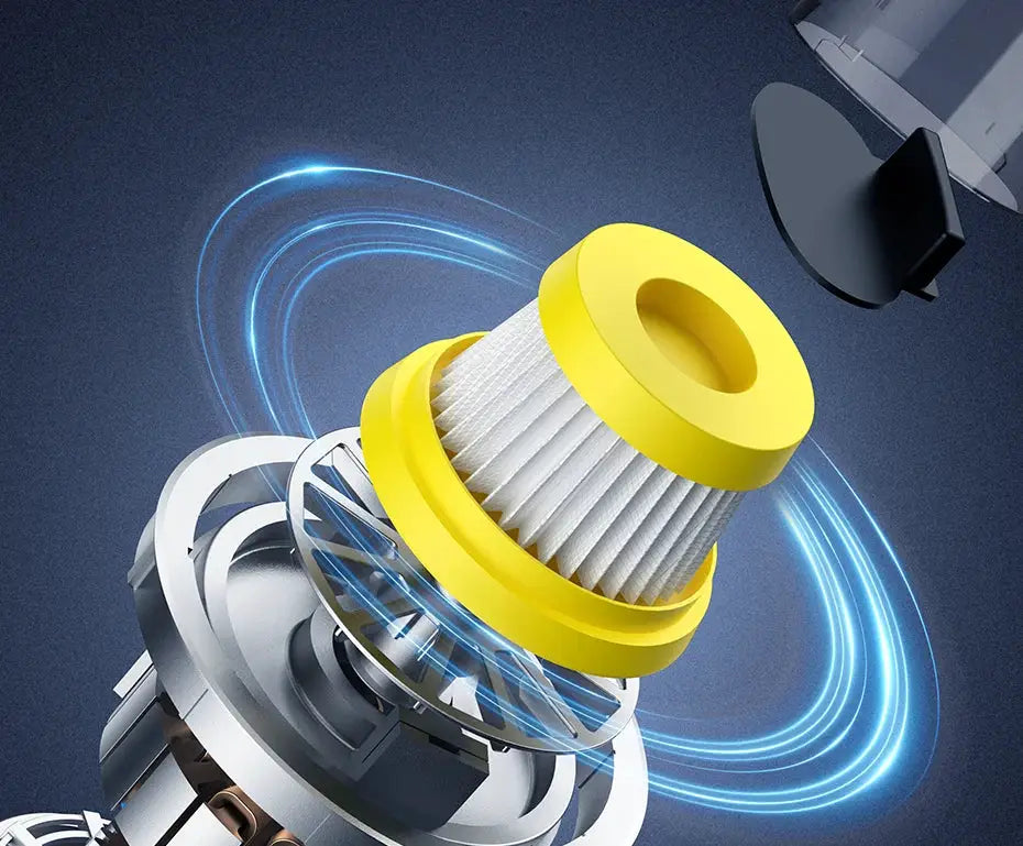 Baseus car vacuum cleaner cordless with yellow filter cartridge and white pleated element, exploded-view illustration