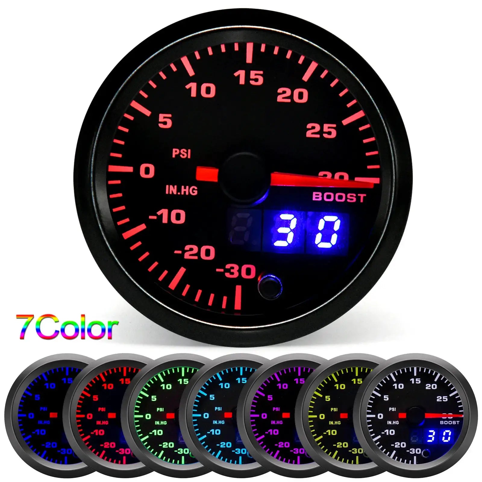 Boost gauge, 2in/52mm, 7-color LED dual-display with PSI readout, Simples Market
