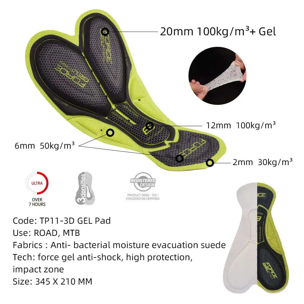 DAREVIE men's cycling bib shorts with 3D gel pad, lime and black breathable fabric, 7cm leg grippers