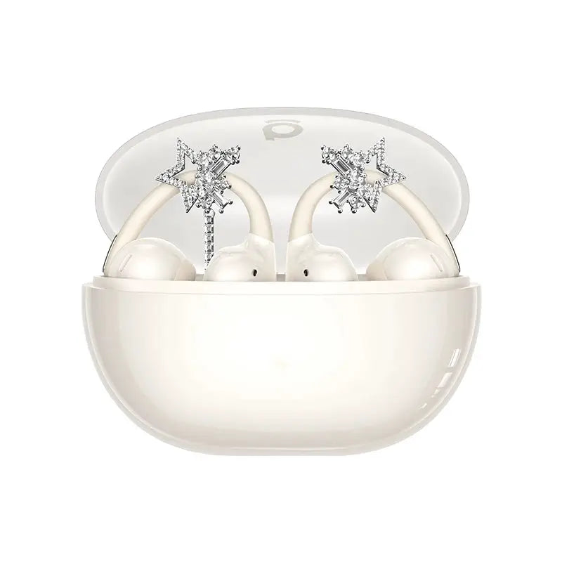 Baseus Bowie MC2 AIR clip-on TWS earbuds in white charging case with rhinestone star accents