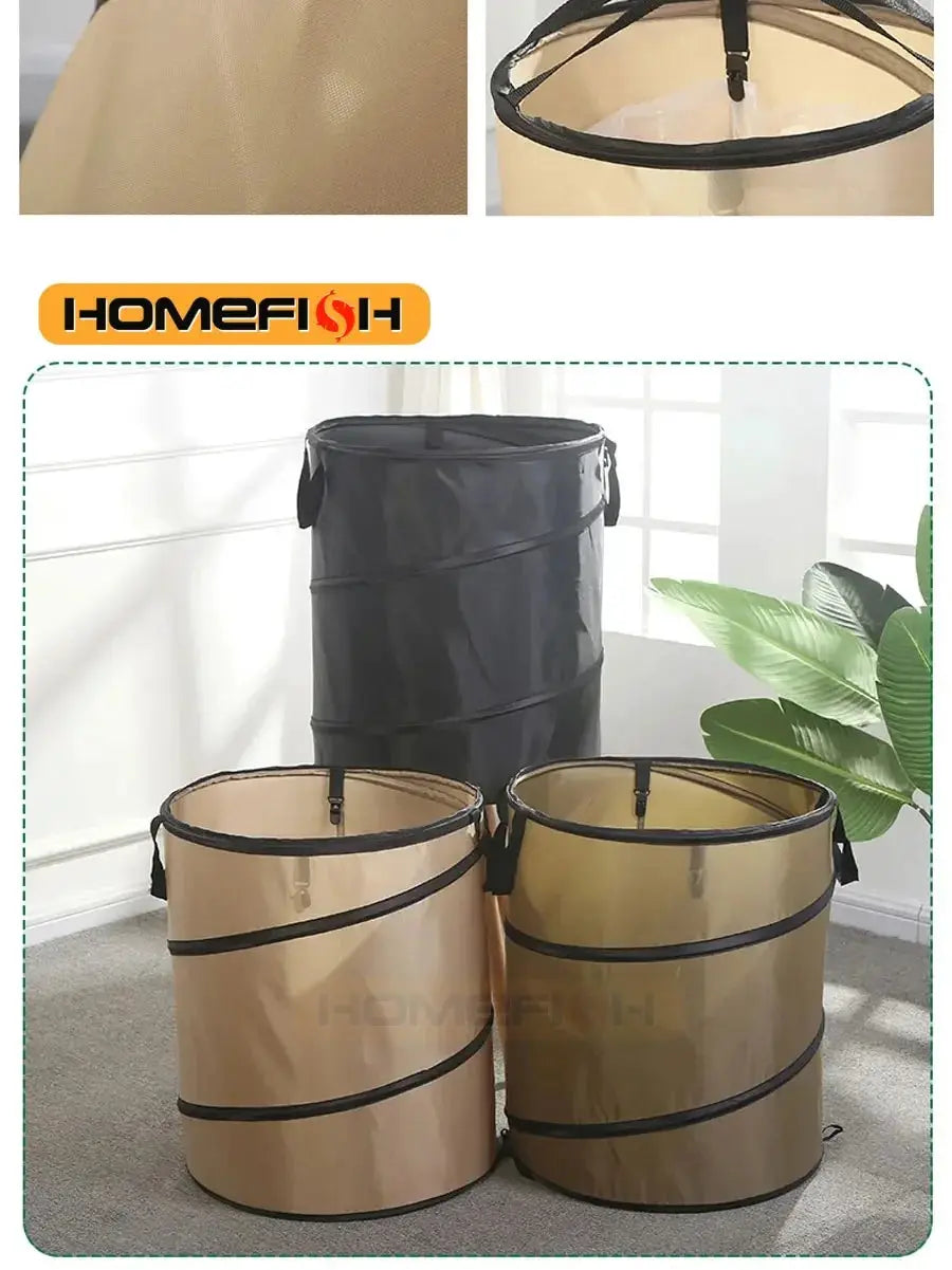 Homefish 3-pack pop-up trash cans for outdoor use; beige and black fabric cans with ring bands and side handles