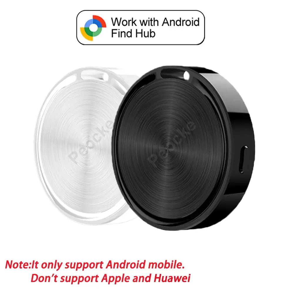 Mini Bluetooth Tracker for Android; 2 black and white circular tags for Google Find Hub, by Simples Market.