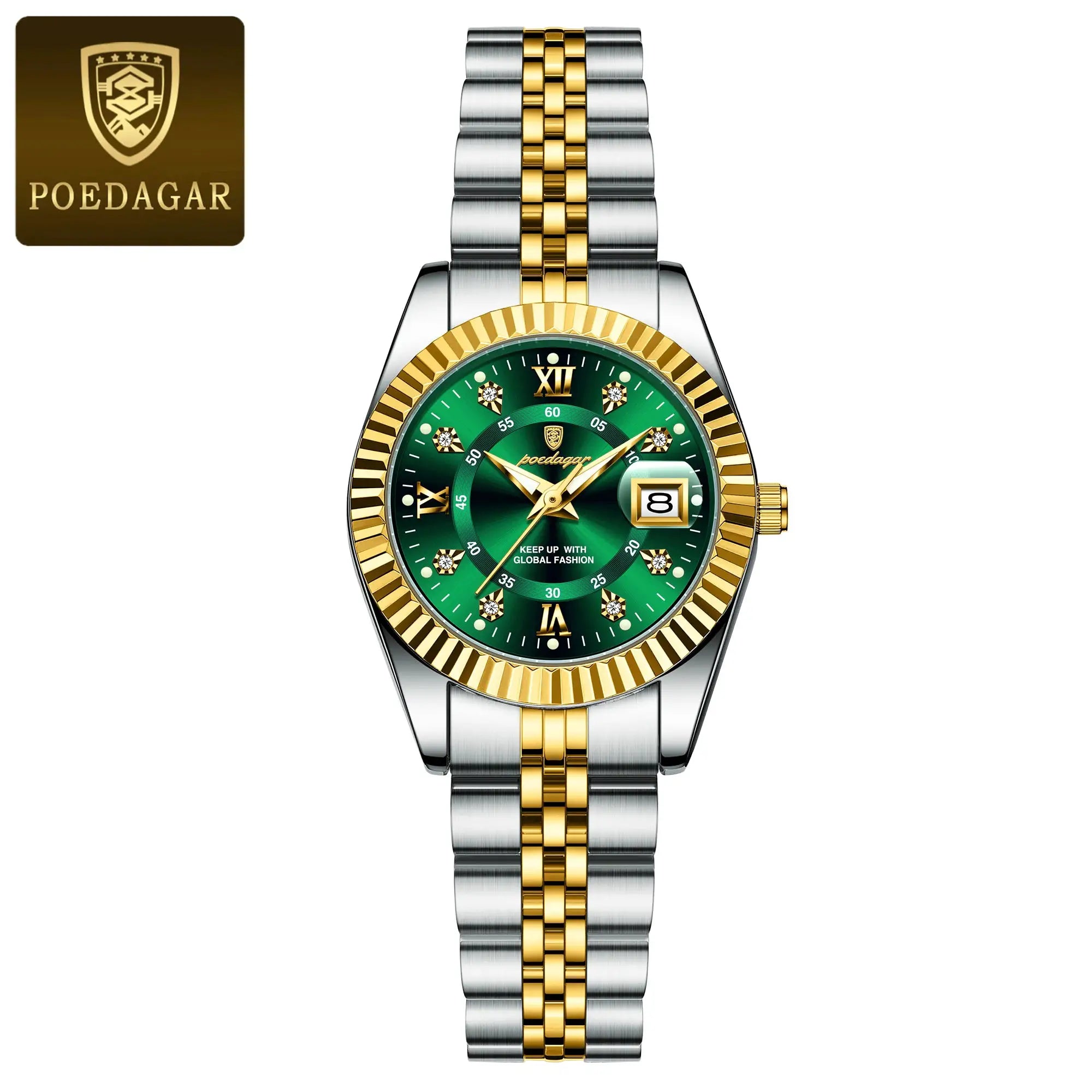 POEDAGAR women's luxury waterproof stainless steel two-tone watch with gold center links, green dial and date window