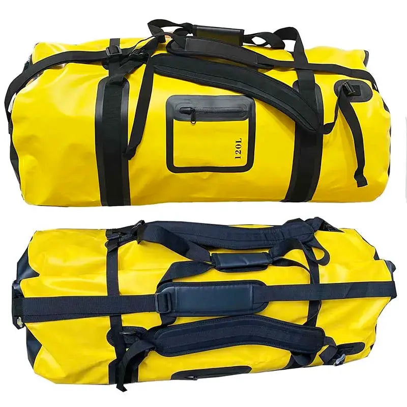 Simples Market yellow 40–120L waterproof duffel bag with black straps and handles