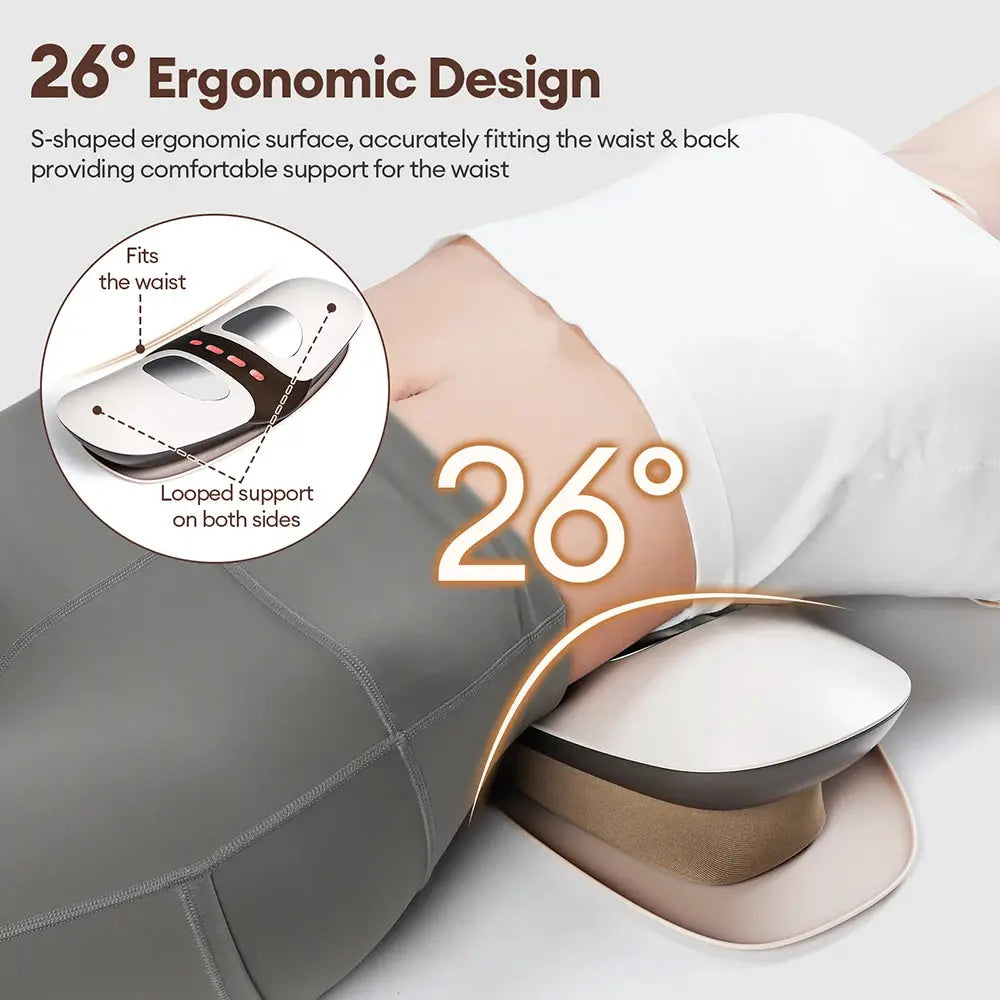 Electric lumbar traction massager by Simples Market; gray waist belt with white accents and adjustable vibration