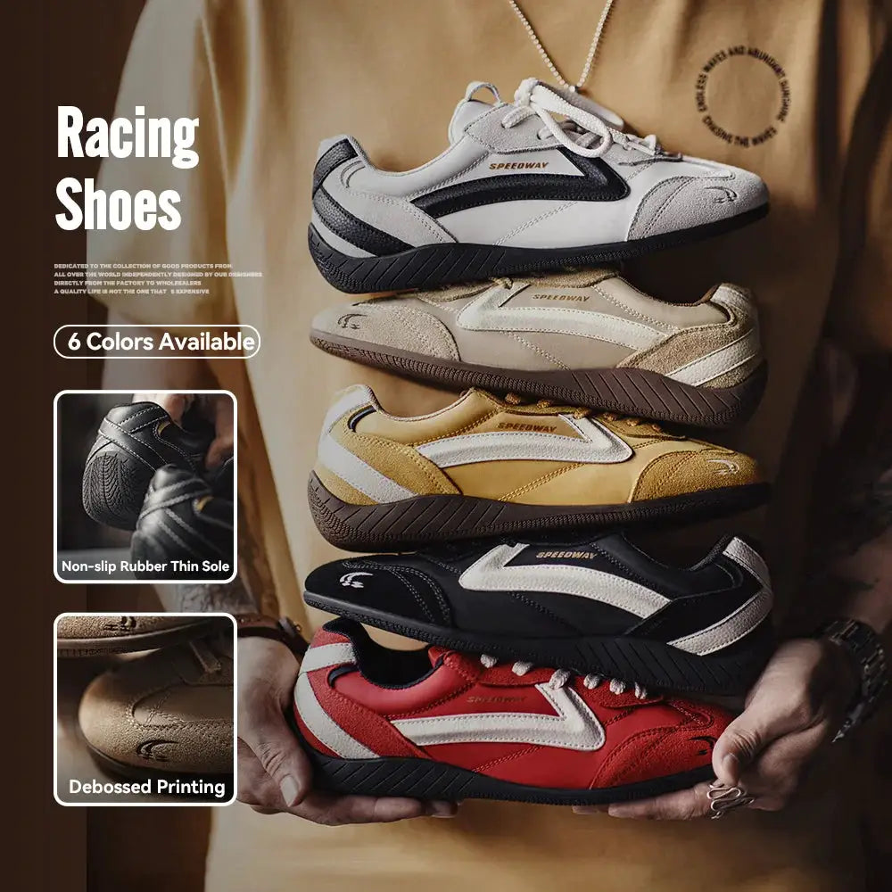 Maden unisex vintage patchwork racing shoes, 5-color display; breathable lace-up trainers with thin soles