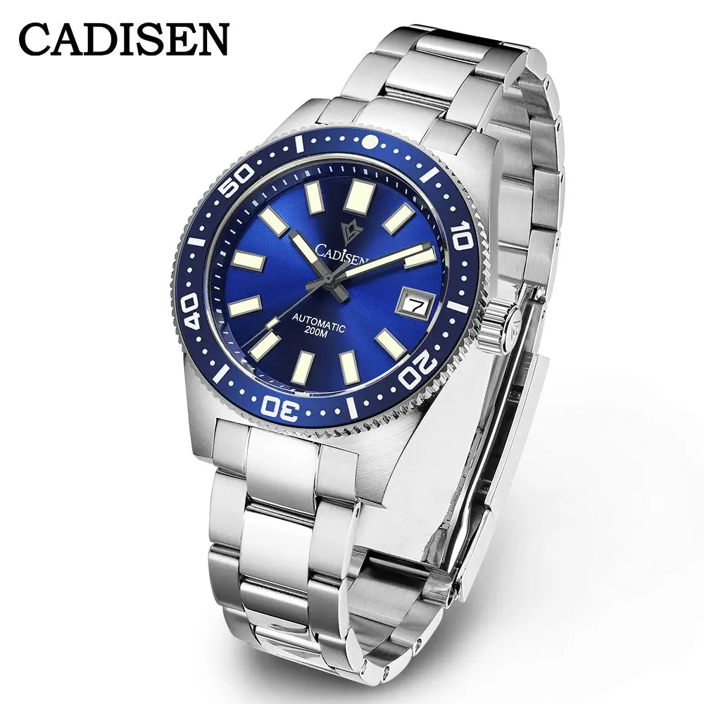 CADISEN diver watch with blue sunburst dial, stainless steel bracelet, blue bezel, date window, luminous markers