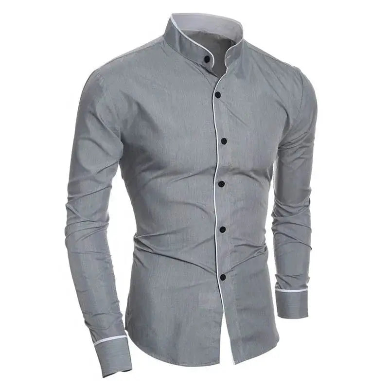 Men's slim-fit gray long-sleeve shirt with black buttons and white piping along the placket