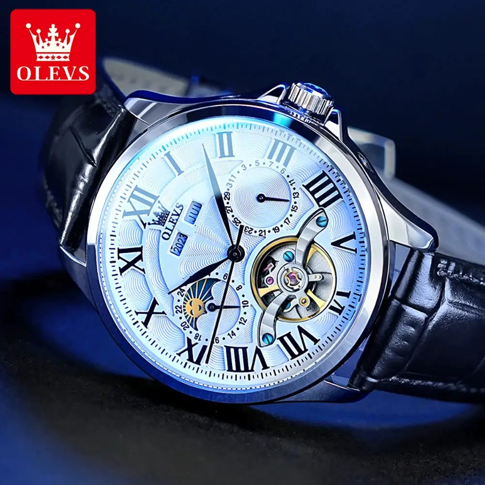 OLEVS 7013 men's watch with Roman numerals, blue accents, exposed gear, black leather strap