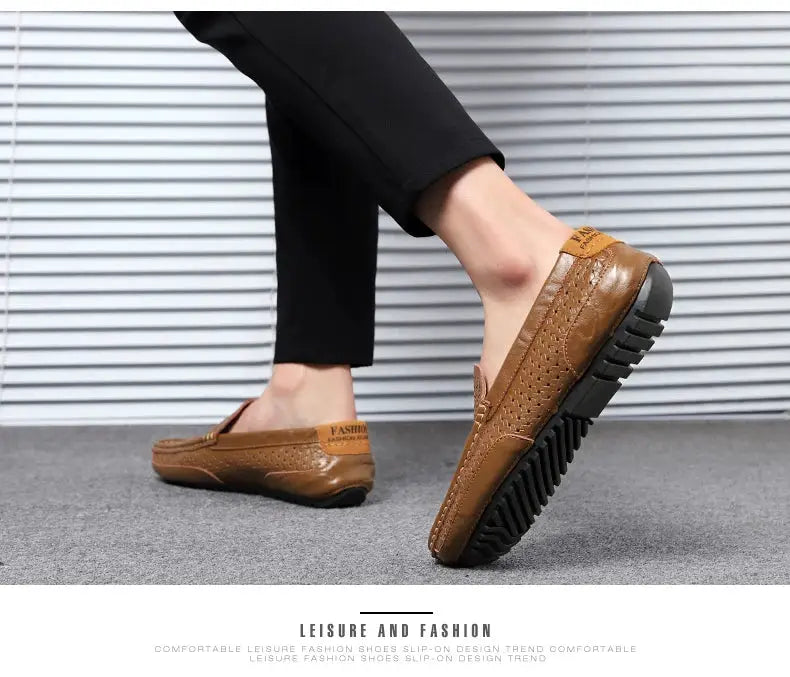 Simples Market men's brown genuine leather loafers with perforated hollow-out design, slip-on driving style
