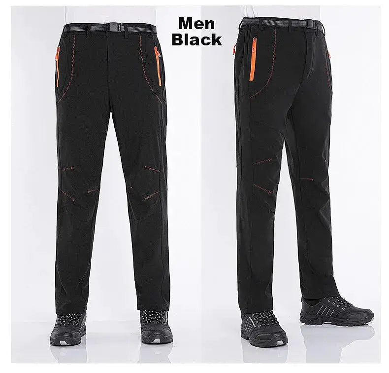 JNLN thick warm fleece hiking pants for men, black with orange zip pockets; front and back views.
