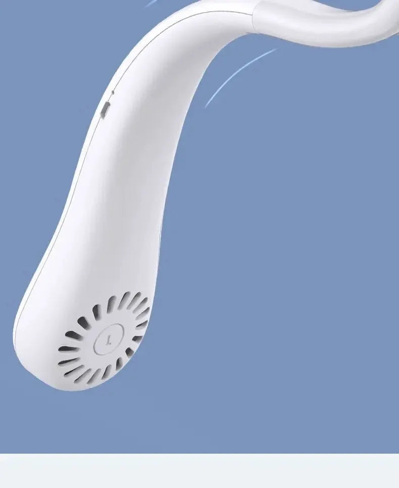 Simples Market hands-free neck fan, white bladeless wearable cooler with USB rechargeable and 3 speed settings.