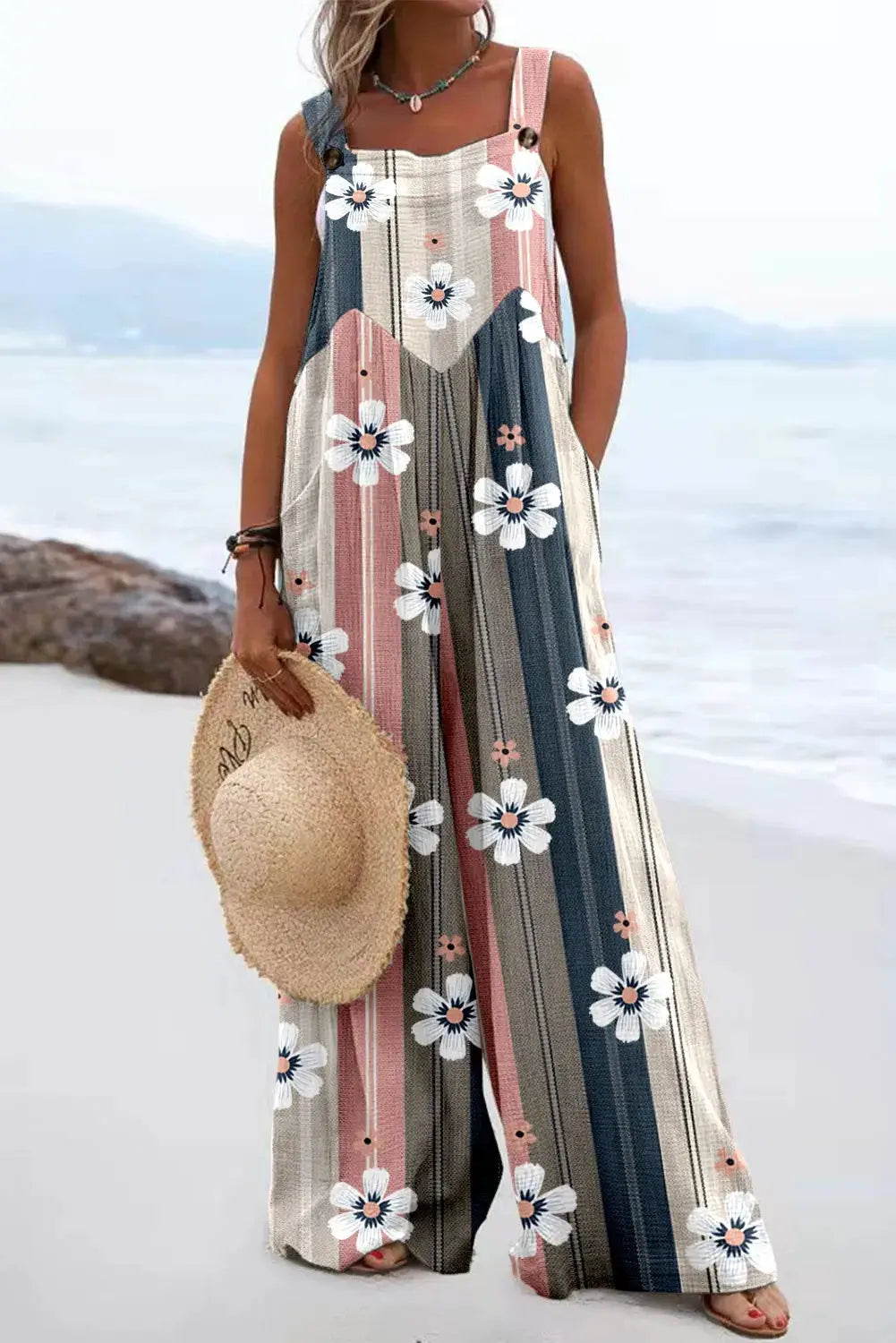 Vintage print sleeveless jumpsuit for women with beige, pink and navy stripes and white florals, wide legs