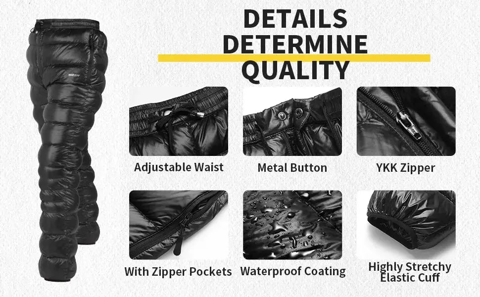 MAPLEAF Winter Down Pants by Simples Market, black ultralight waterproof hiking trousers