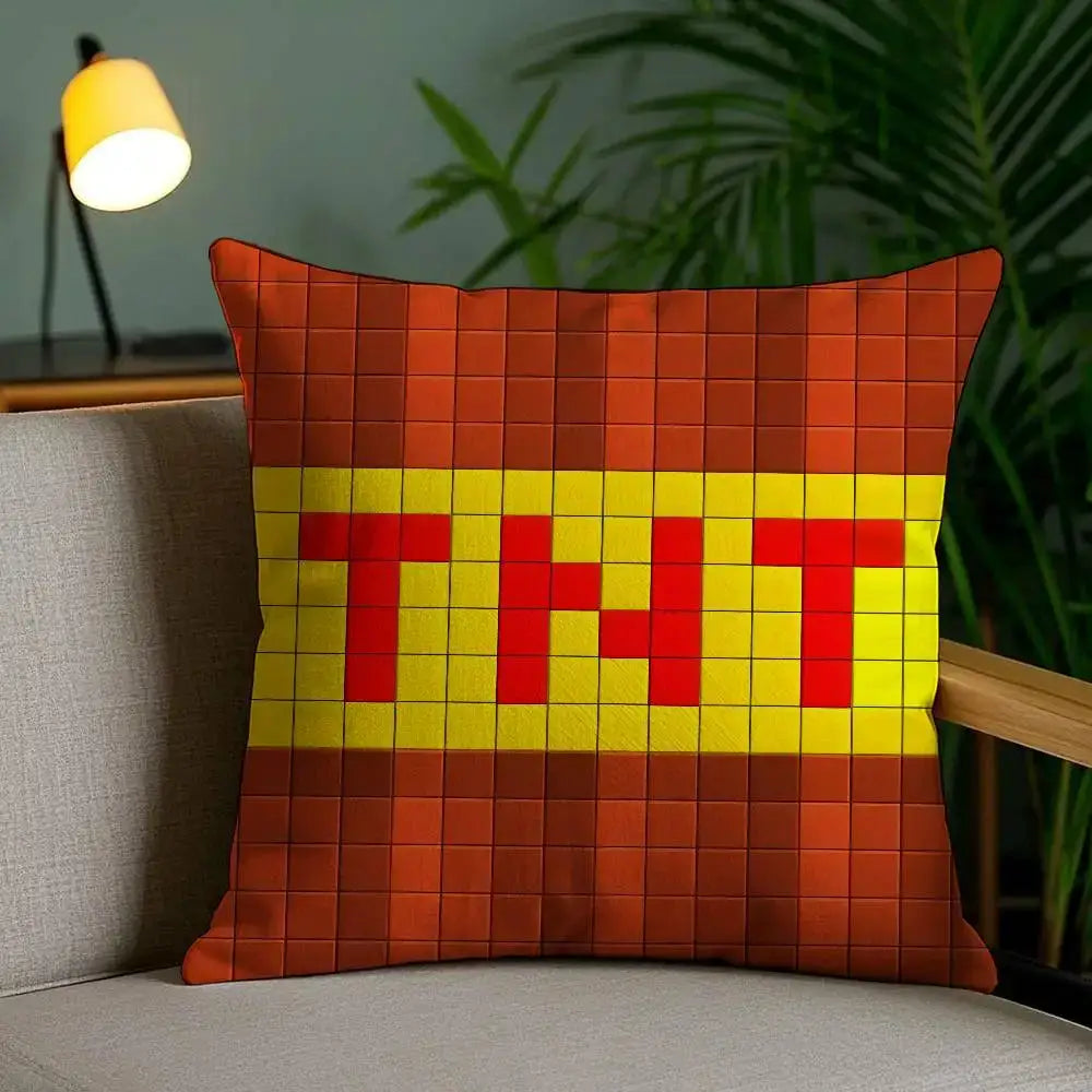 TNT block explosion throw pillow cover in orange-yellow pixel design; Simples Market, short plush, double-sided