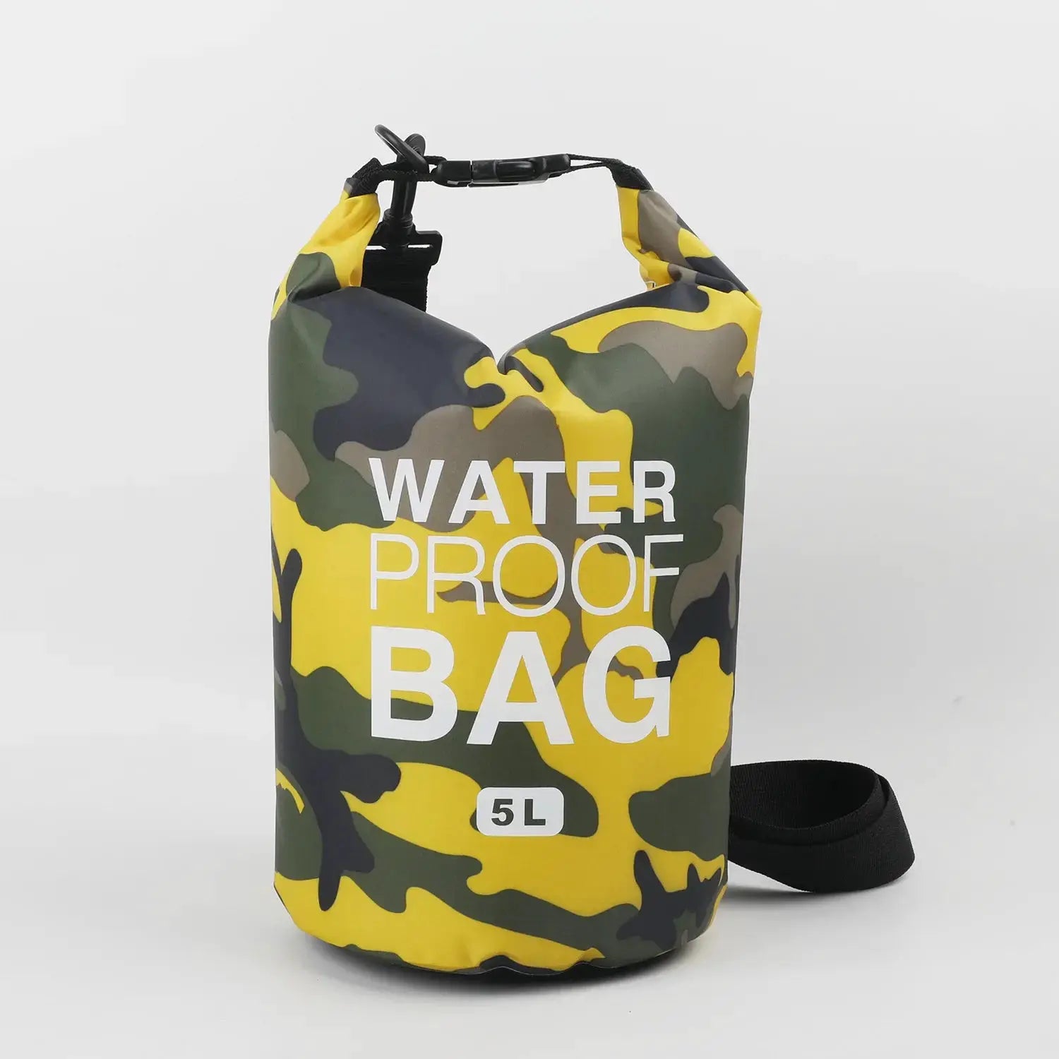 Waterproof dry bag in yellow camouflage with roll-top closure and adjustable strap, Simples Market 5L