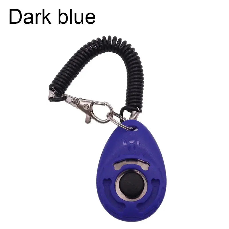 Adjustable dog training clicker in dark blue with a black coiled wrist strap and keychain by Simples Market