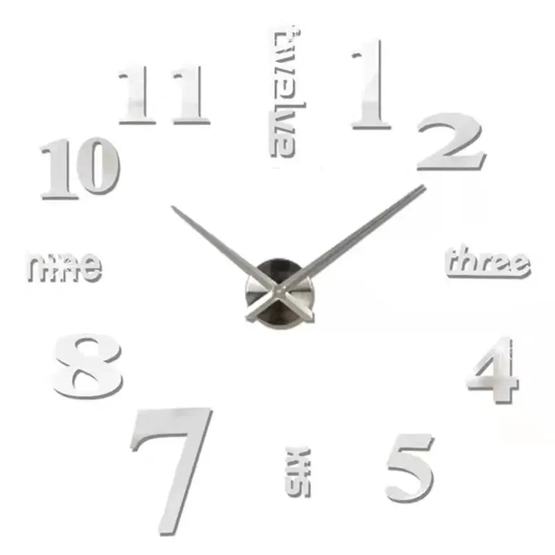 Large 3D acrylic mirror wall clock with oversized silver hands for modern living room decor