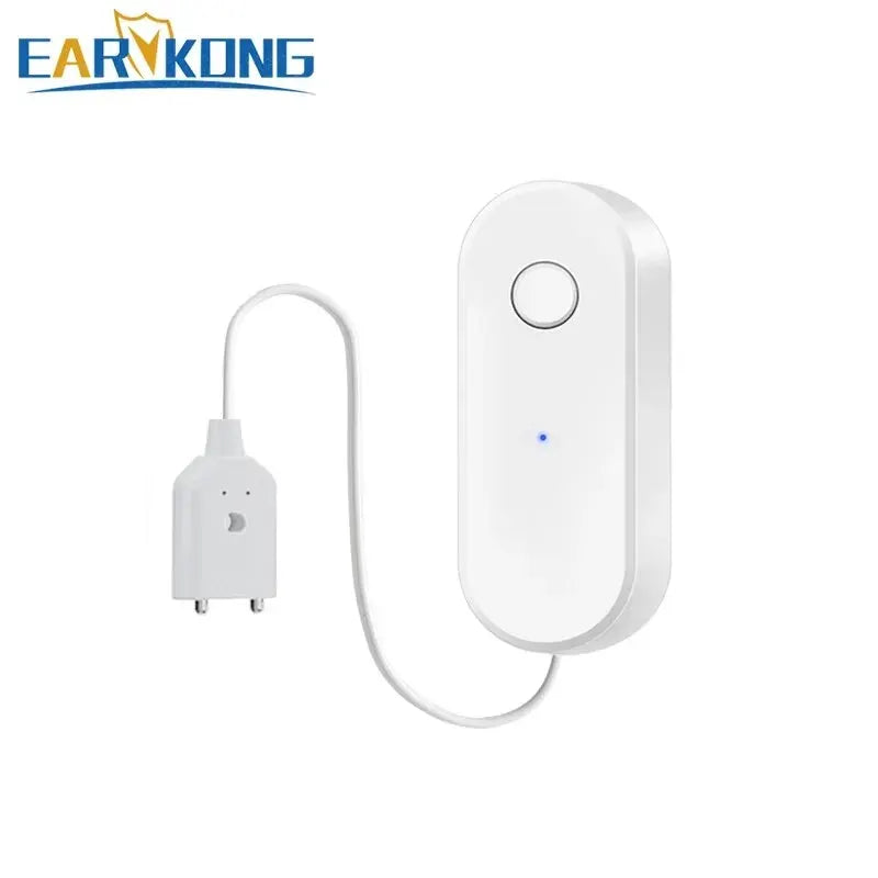 Tuya WiFi Smart Water Leak Sensor white plastic unit with blue LED indicator