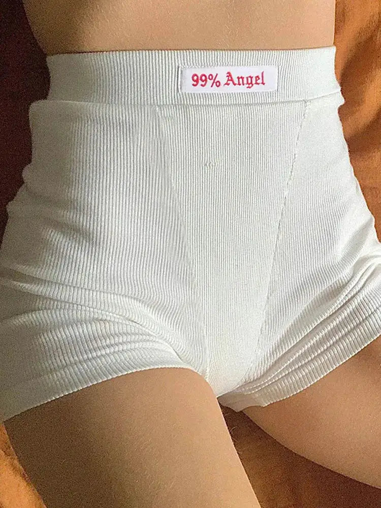 Biker shorts, white ribbed high-waist with 99% Angel label