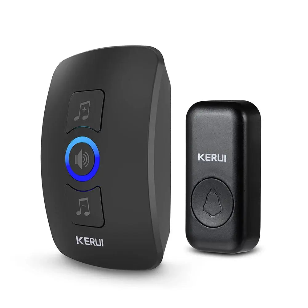 KERUI wireless doorbell set with black receiver featuring blue LED ring and outdoor transmitter.