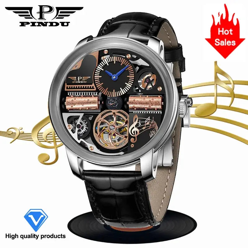 PINDU automatic skeleton watch for men, stainless steel case, black leather strap, sapphire glass