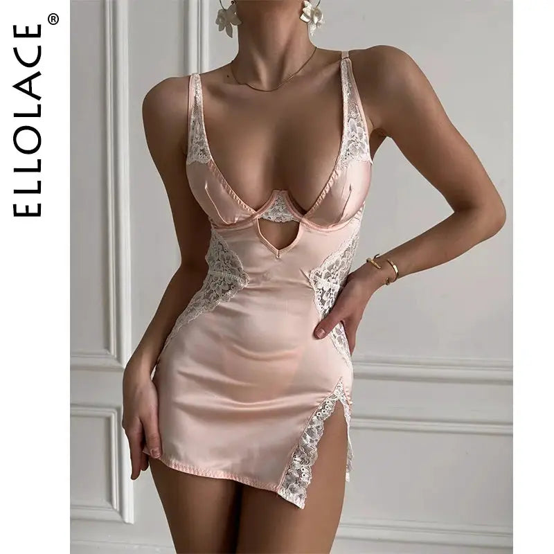 Ellolace Sexy Deep V Neck Satin Dress Seductive Lace Patchwork Nightwear Slip For Women