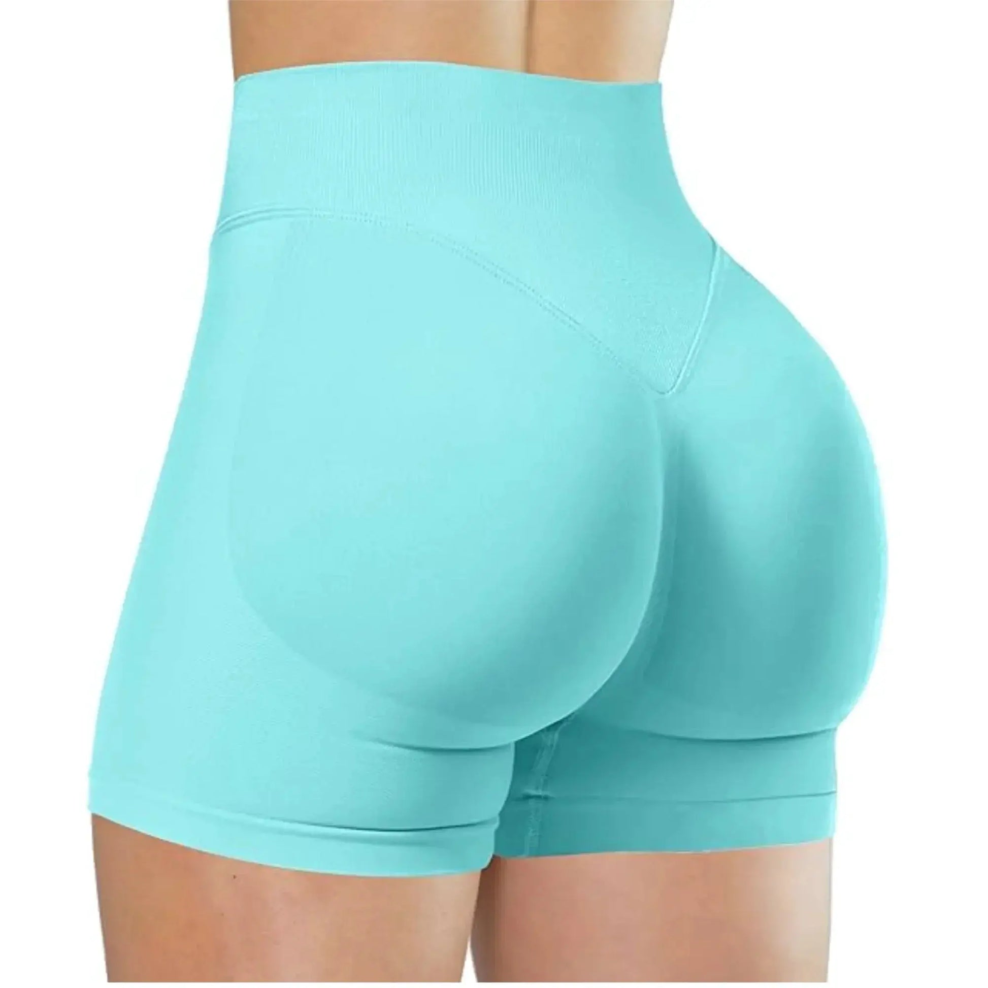 Turquoise seamless high-waist women’s gym shorts for yoga and workouts