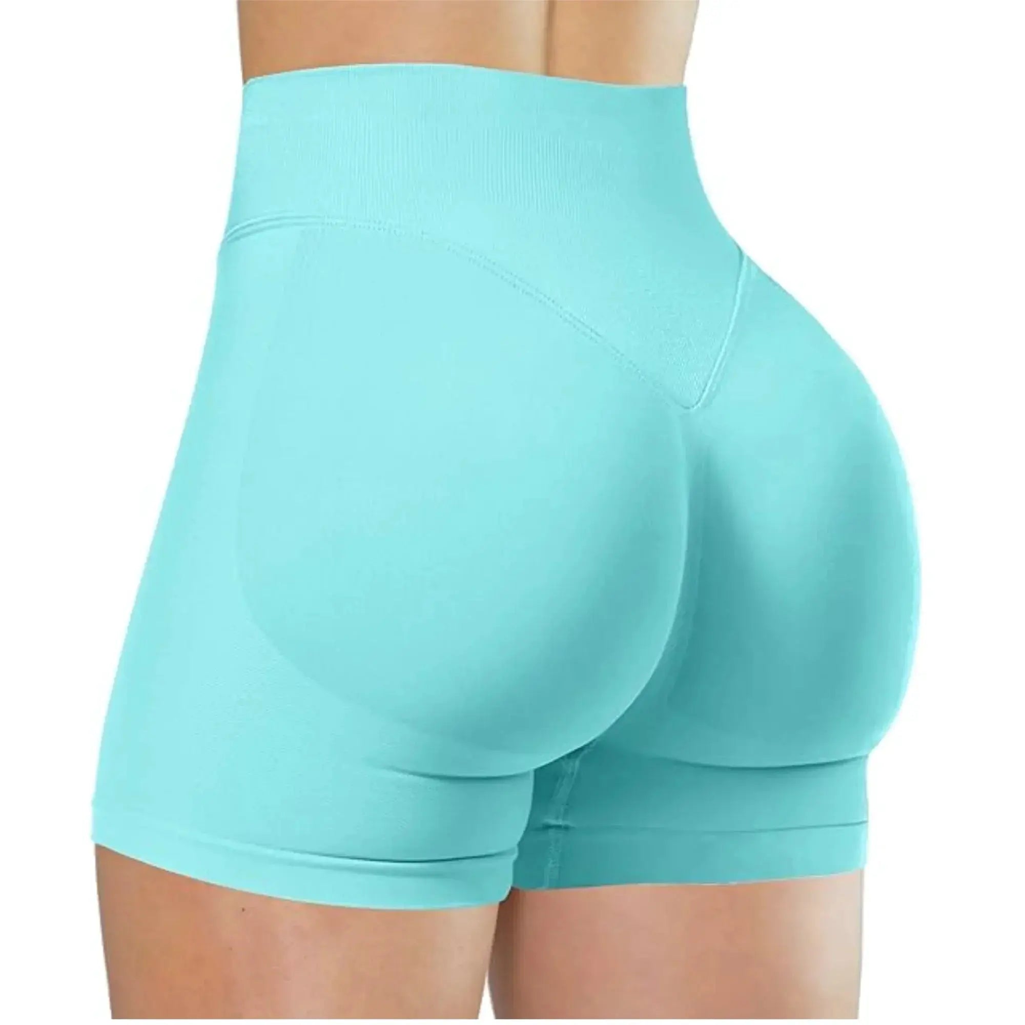 Turquoise seamless high-waist women’s gym shorts for yoga and workouts