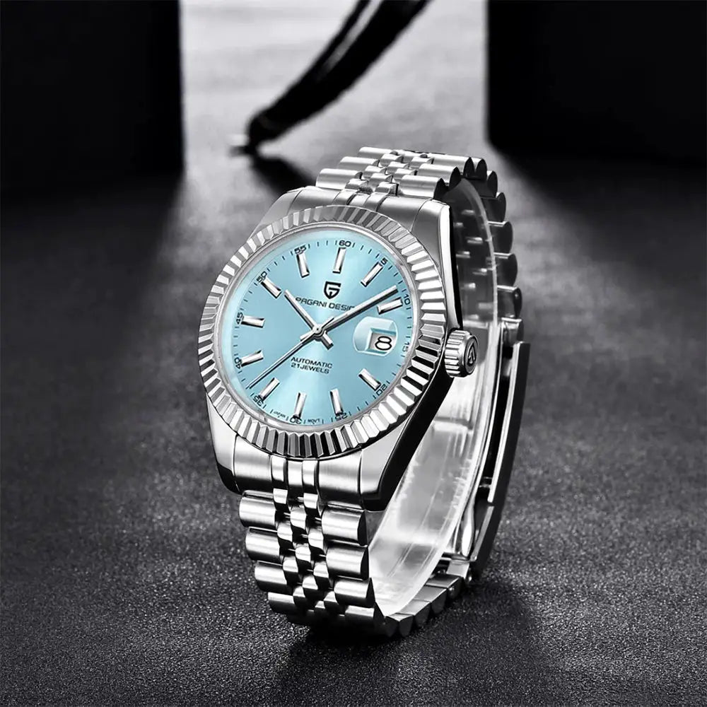 PAGANI DESIGN men's automatic watch with light blue dial, Jubilee stainless steel bracelet, 100M water resistant