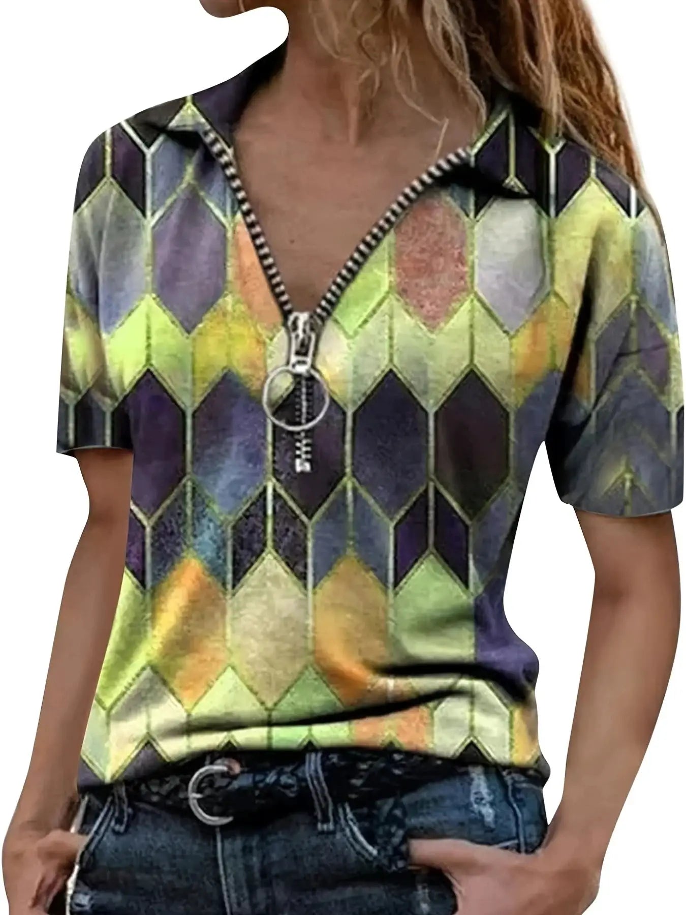 Versatile All Season Women's Polo Shirt With Zip And Geometric Pattern
