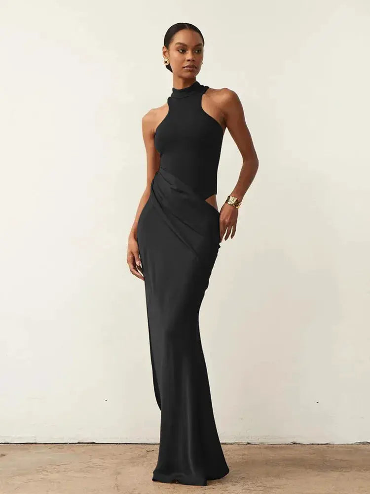 Julissa Mo Satin Hollow Out Maxi Dress Elegant Slim Fit Floor Length Party Clubwear