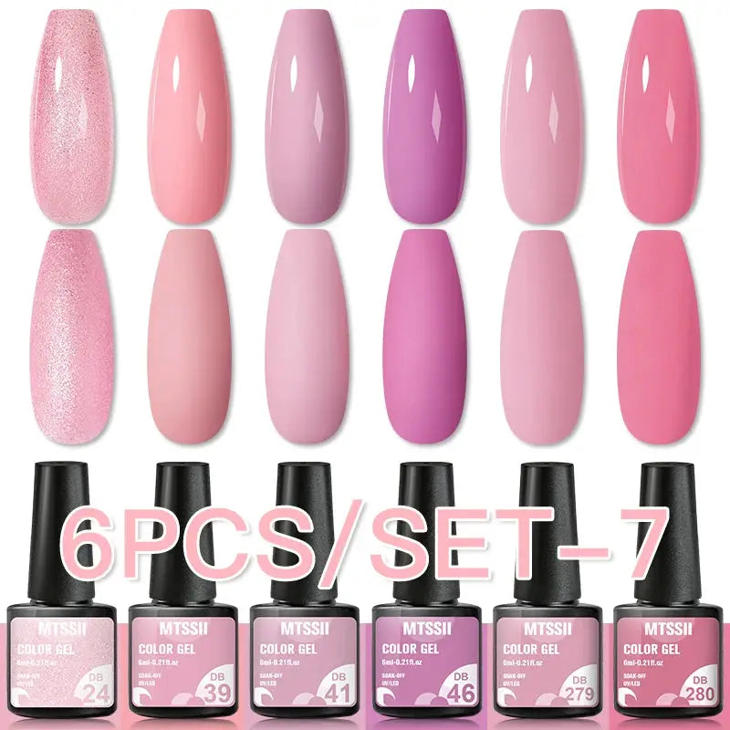 Gel nail polish set, 6-piece pink glitter and pastel shades by Simples Market
