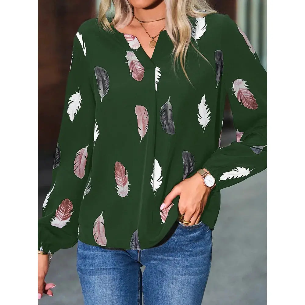 Green feather-print chiffon blouse with long sleeves by Simples Market