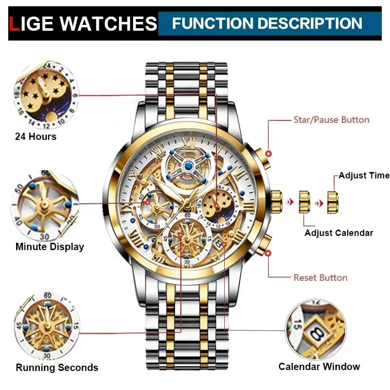 LIGE two-tone gold and silver stainless steel men’s watch with skeleton chronograph dial