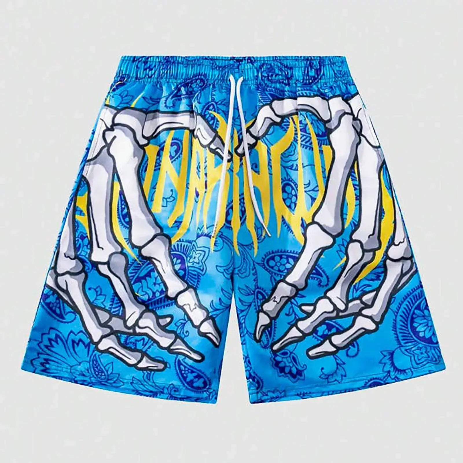 Board shorts with elastic waist, blue skeleton print and white drawstring; men's swim trunks by Simples Market