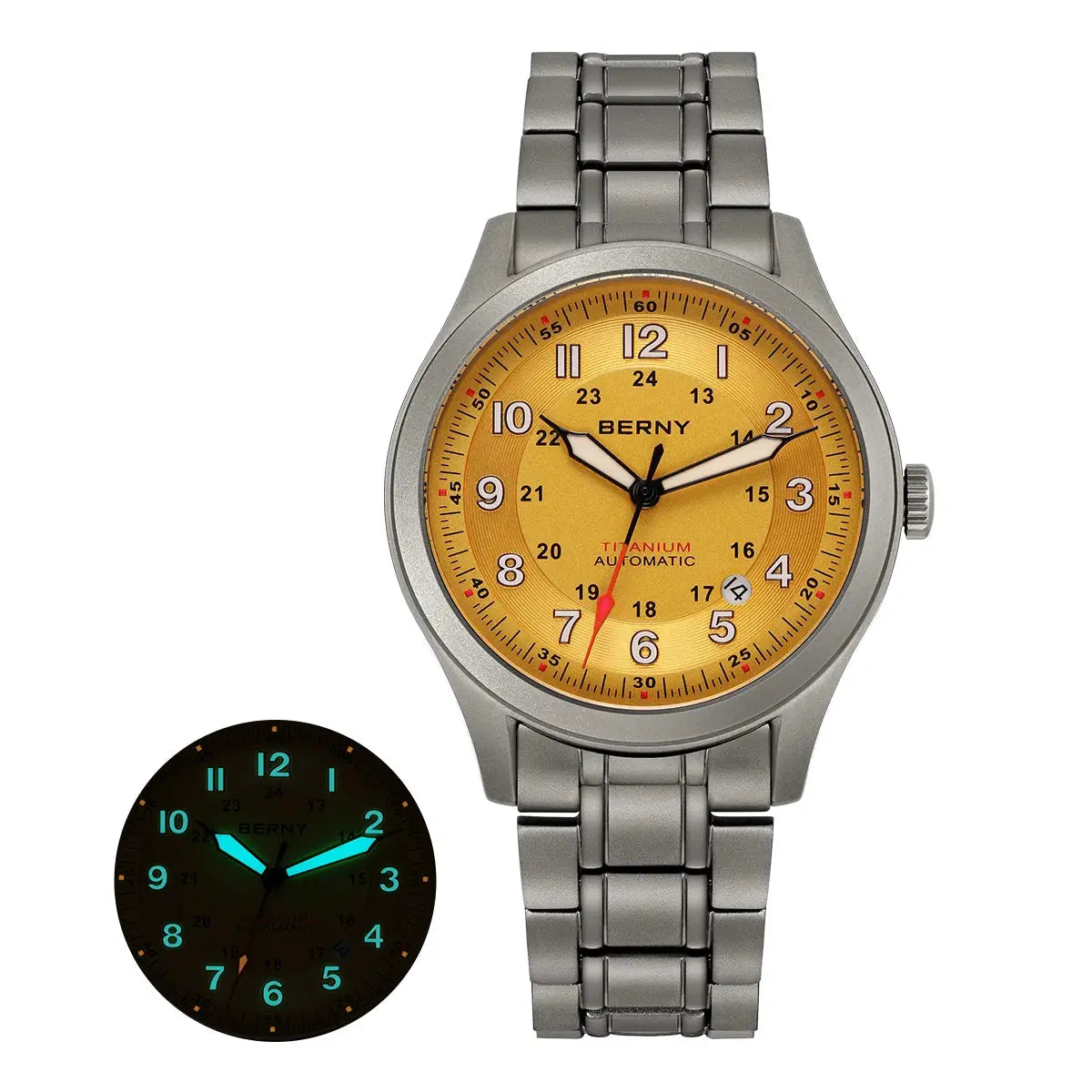 BERNY titanium automatic men's watch with orange dial, luminescent hands, date window, sapphire crystal, steel bracelet