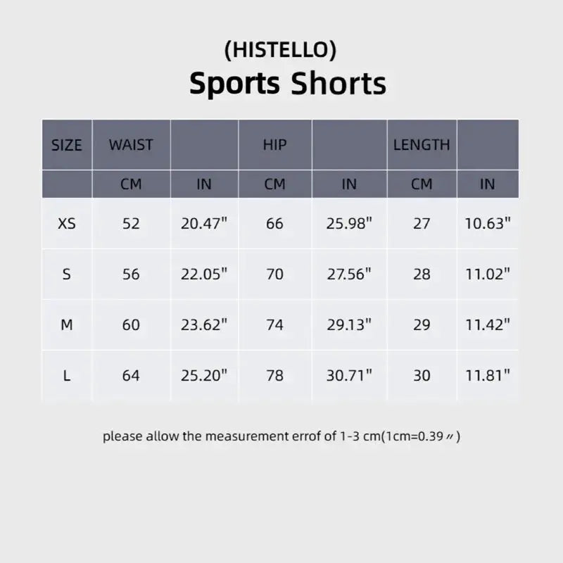 HISTELLO Sports Shorts size chart showing waist and hip measurements in cm/inches and length for XS–L.