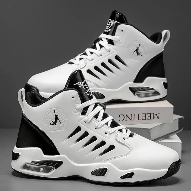 Simples Market pair of men's white and black high-top basketball shoes with breathable mesh and air-cushioned sole.