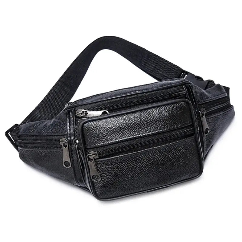 Men's PU leather waist bag by Simples Market in black with multiple zip pockets