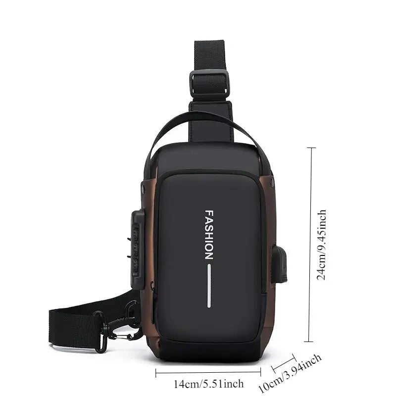 Men's anti-theft chest bag crossbody with black front panel and brown sides